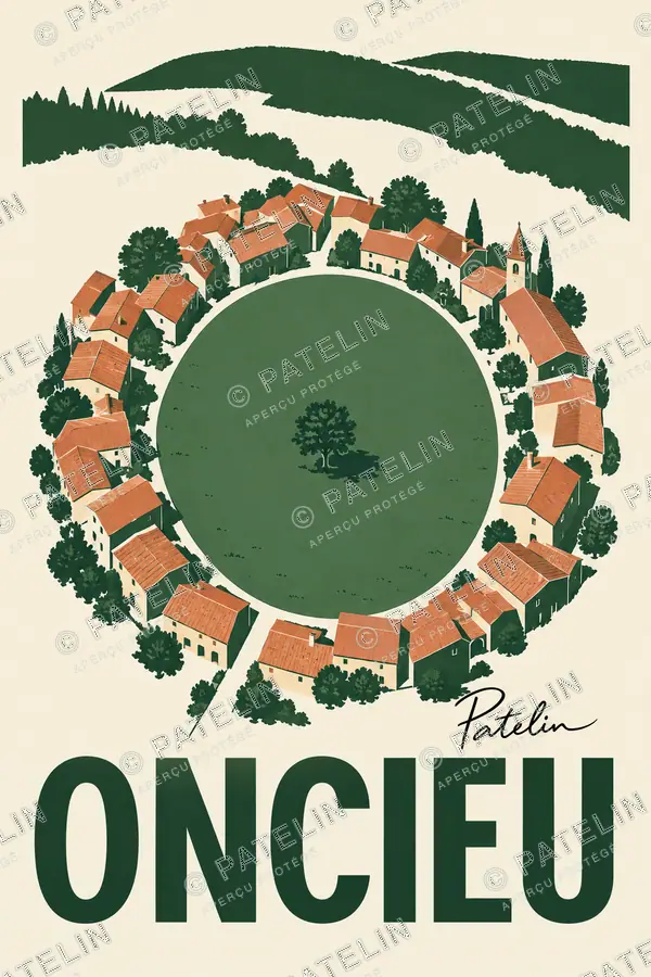 Illustration Oncieu — Le village en cercle, style Minimal