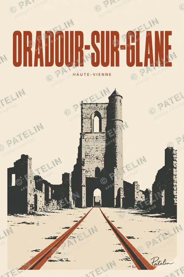 Illustration Oradour-sur-Glane — L’église et les rails, style Minimal