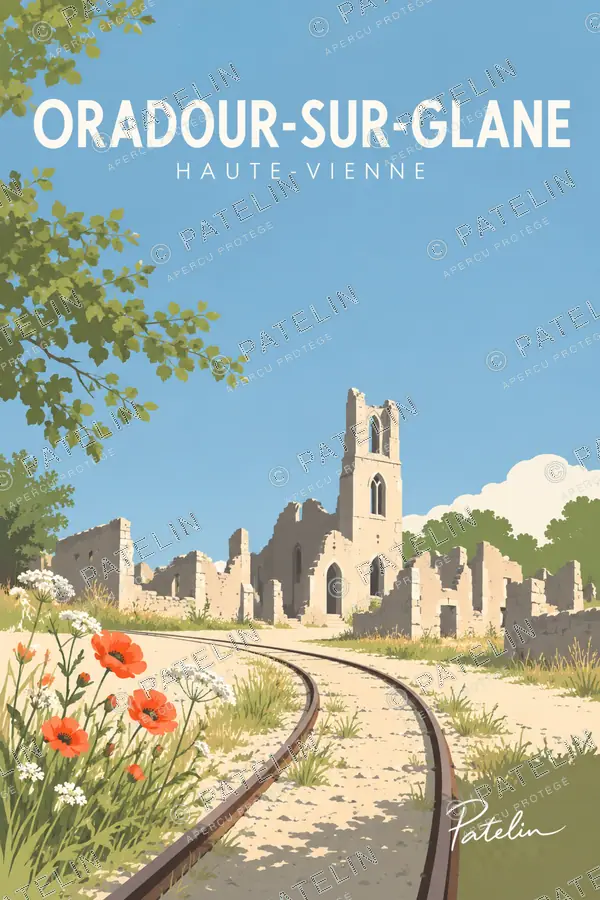 Illustration Oradour-sur-Glane — Les rails et les fleurs du souvenir, style Minimal