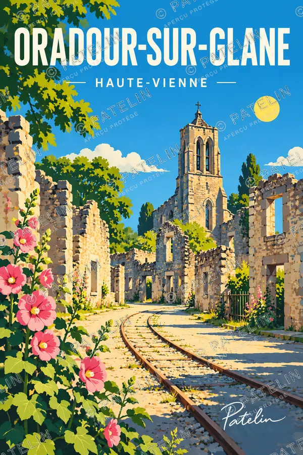 Illustration Oradour-sur-Glane — Les ruines et les fleurs du souvenir, style Pop
