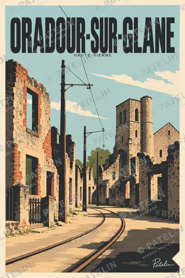 Illustration Oradour-sur-Glane — La rue et les rails du souvenir, style Pop