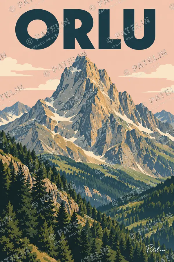 Illustration Orlu — Les montagnes et les versants boisés, style Pop