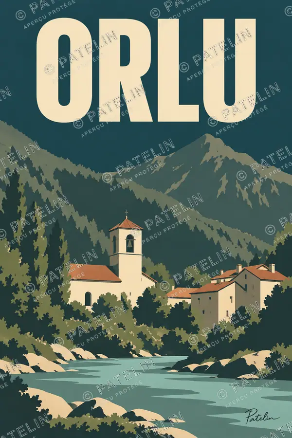 Illustration Orlu — Le village au fil de l’eau, style Minimal