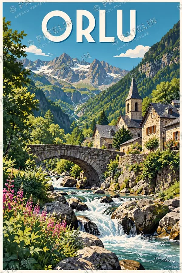 Illustration Orlu — Le pont et les maisons au bord du torrent, style Pop