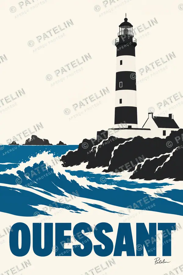 Illustration Ouessant — Le phare dans les vagues, style Minimal