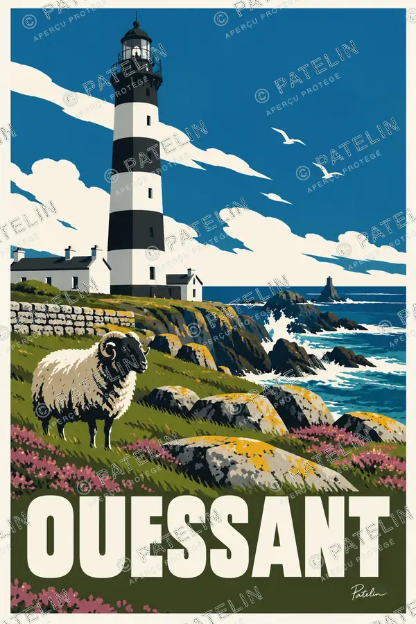Illustration Ouessant — Le phare et le mouton, style Pop