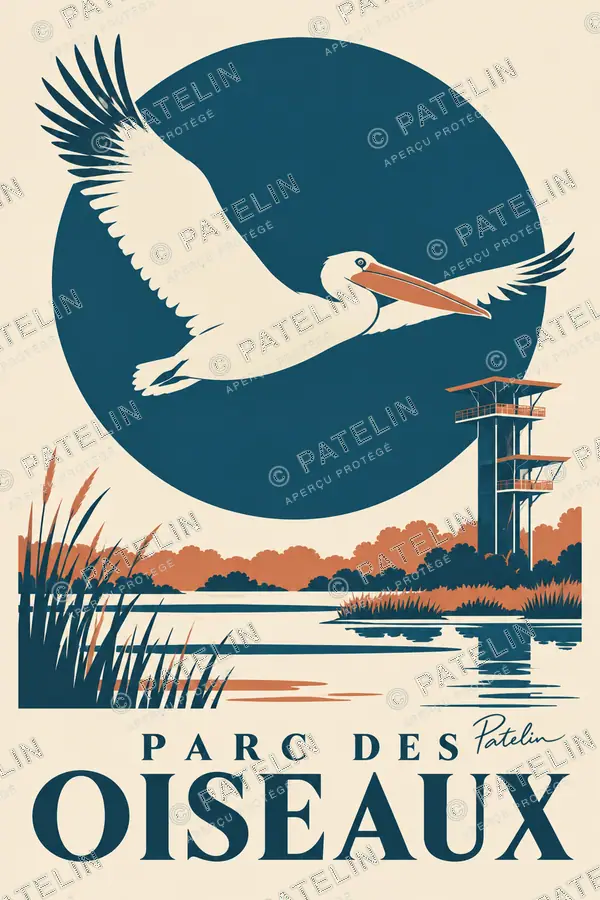 Illustration Parc des Oiseaux — Le pélican et la tour, style Minimal