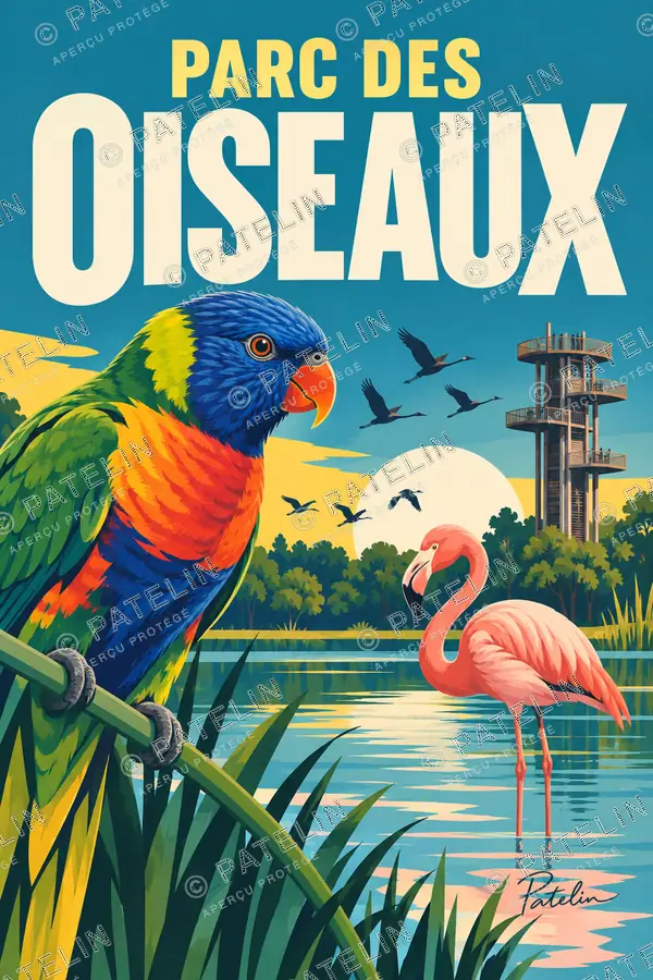Illustration Parc des Oiseaux — Les oiseaux autour de l’étang, style Pop