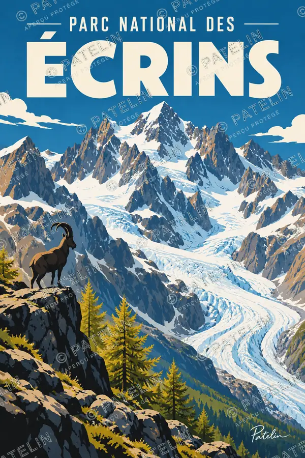 Illustration Parc national des Écrins — Les sommets et le glacier, style Pop