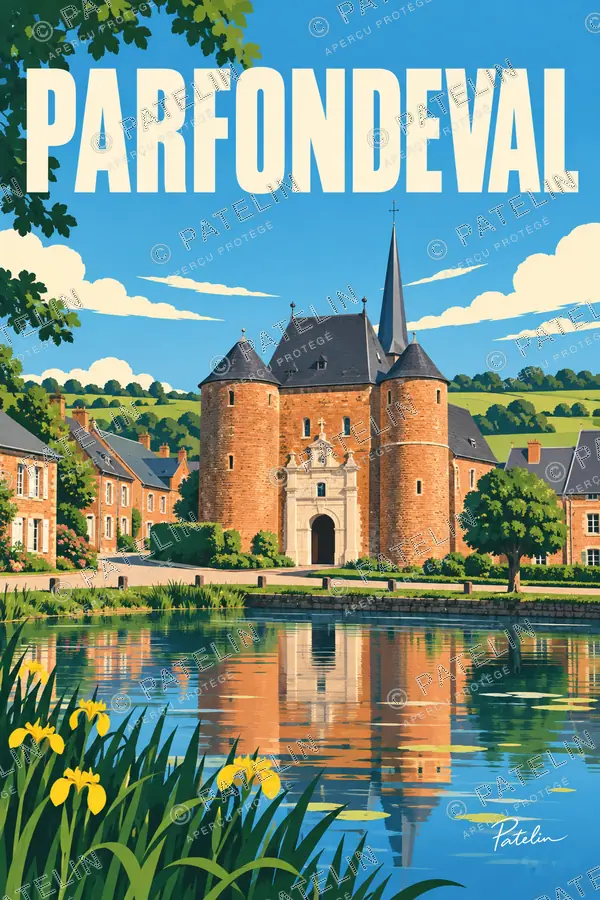 Illustration Parfondeval — L’église et les jardins, style Pop