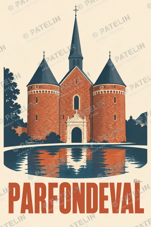 Illustration Parfondeval — L’église fortifiée et ses reflets, style Minimal