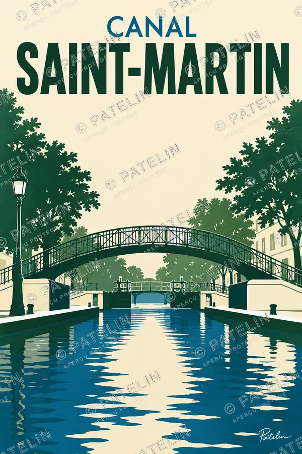 Illustration Paris — La passerelle et le canal, style Minimal