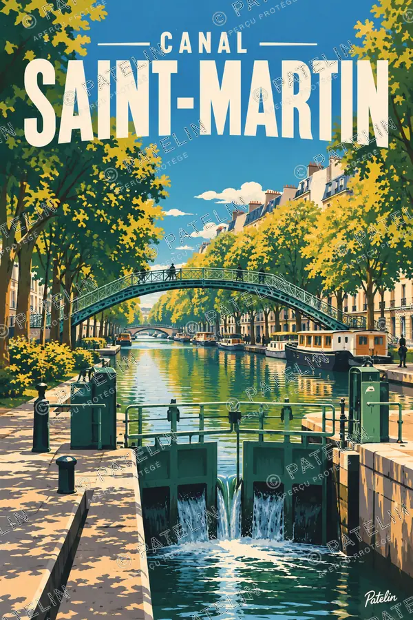 Illustration Paris — La passerelle et l’écluse, style Pop