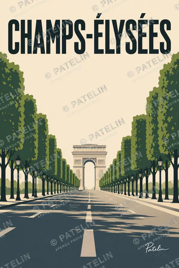 Illustration Paris — Les Champs-Élysées et l’Arc de Triomphe, style Minimal