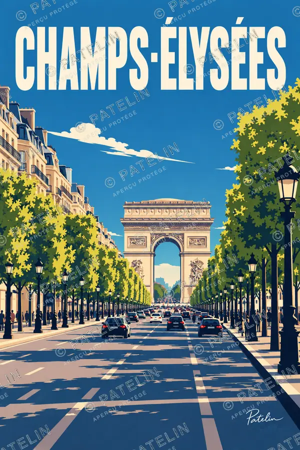 Paris — Les Champs-Élysées vers l’Arc de Triomphe, illustration Pop