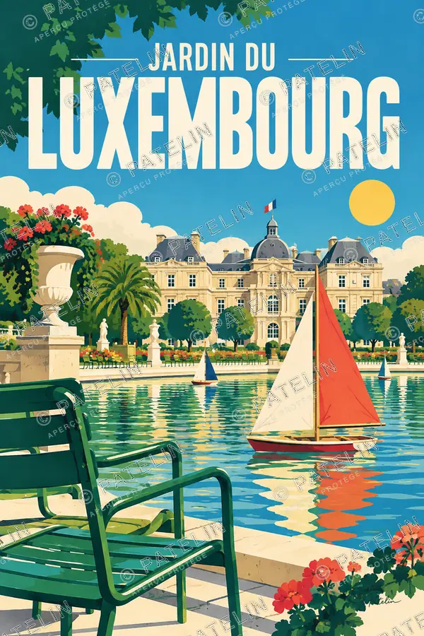 Illustration Paris — Le bassin et les chaises du Luxembourg, style Pop