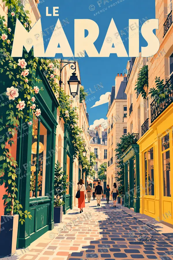 Illustration Paris — Une ruelle du Marais, style Pop