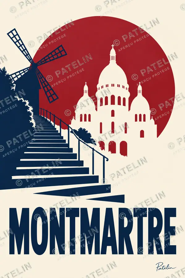 Illustration Paris — Montmartre, le moulin et le Sacré-Cœur, style Minimal
