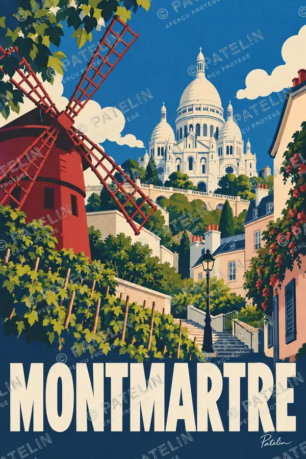 Illustration Paris — Montmartre, les escaliers et le Sacré-Cœur, style Pop