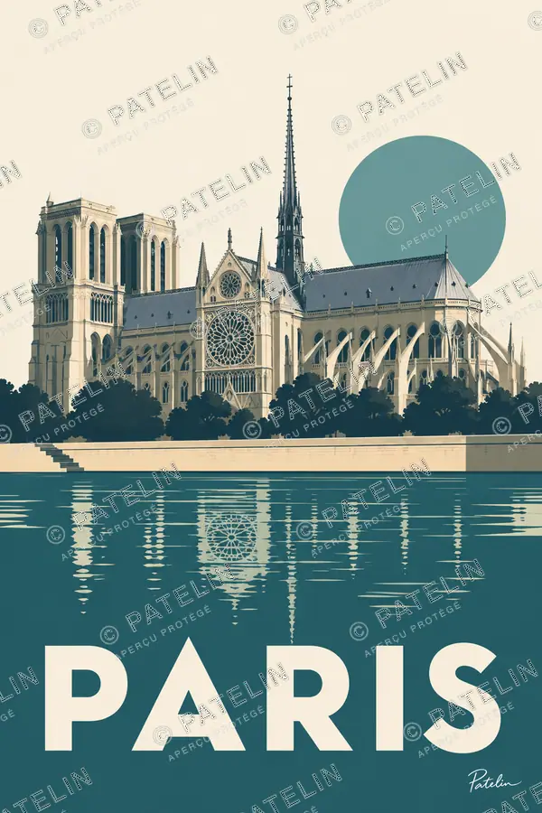 Illustration Paris — Notre-Dame et ses reflets, style Minimal