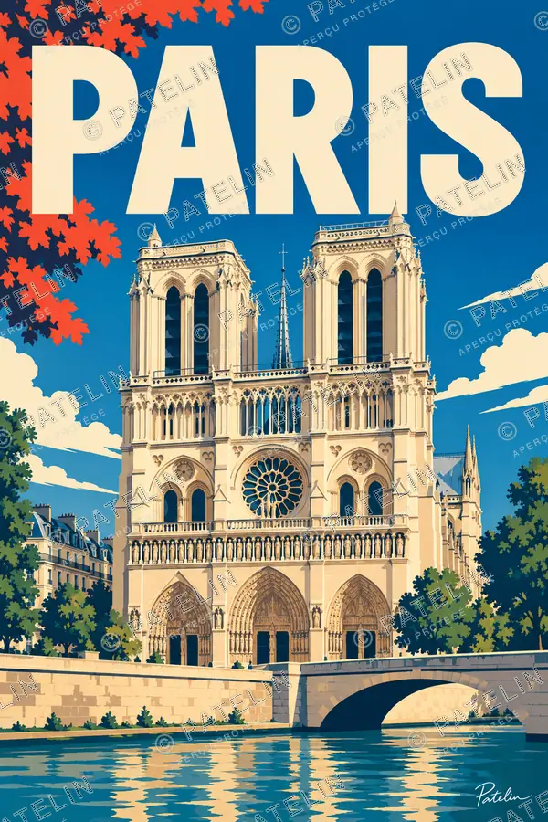 Illustration Paris — Notre-Dame au bord de la Seine, style Pop