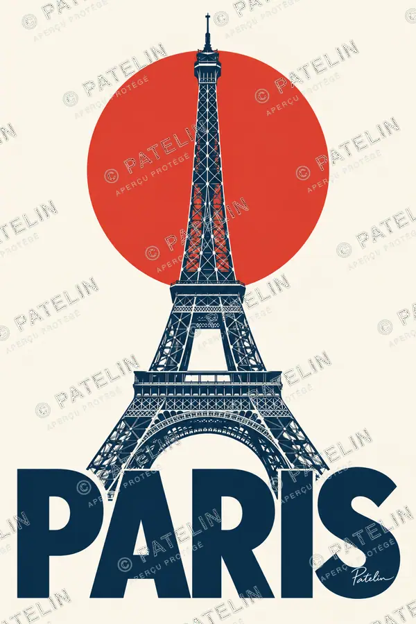 Illustration Paris — La tour Eiffel au soleil rouge, style Minimal