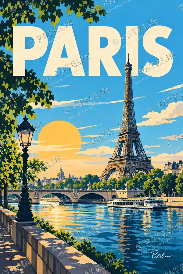 Illustration Paris — La tour Eiffel depuis les quais, style Pop