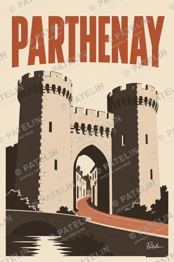 Illustration Parthenay — La porte Saint-Jacques et le pont, style Minimal
