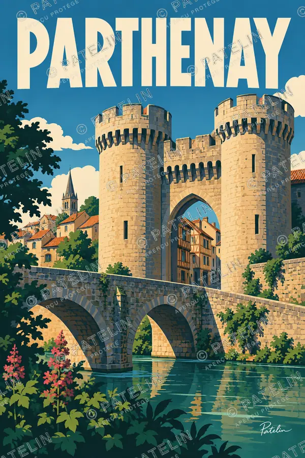 Illustration Parthenay — La porte Saint-Jacques et le pont, style Pop