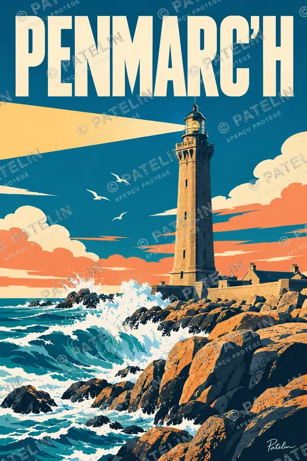 Illustration Penmarc’h — Le phare d’Eckmühl et les rochers, style Pop