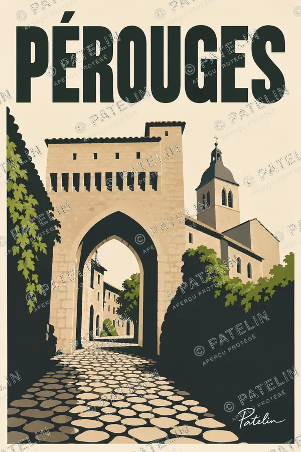 Illustration Pérouges — La porte et les pavés, style Minimal