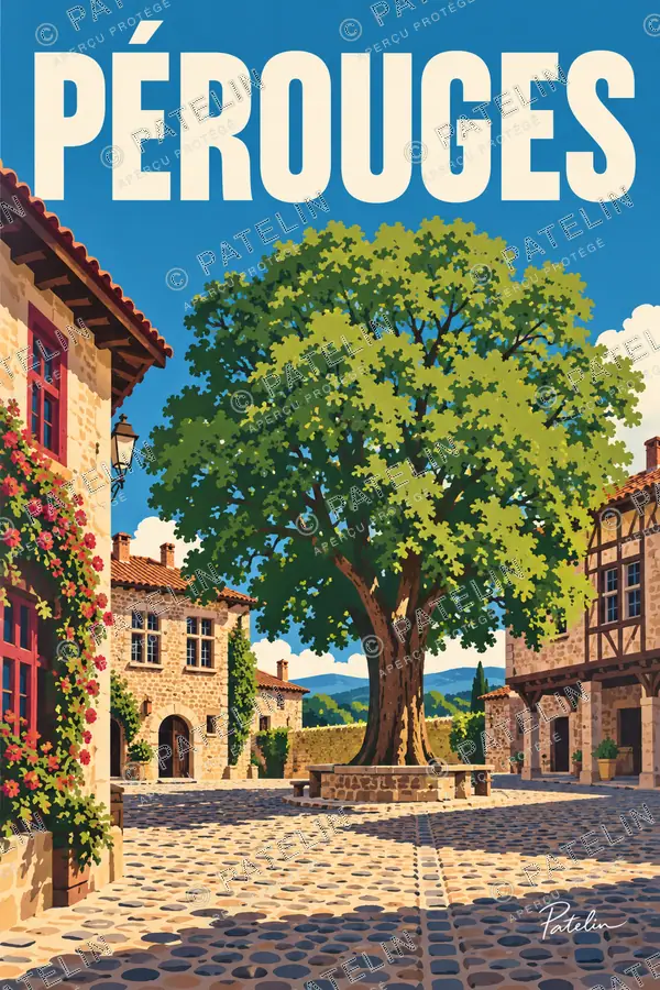 Illustration Pérouges — Le tilleul sur la place, style Pop