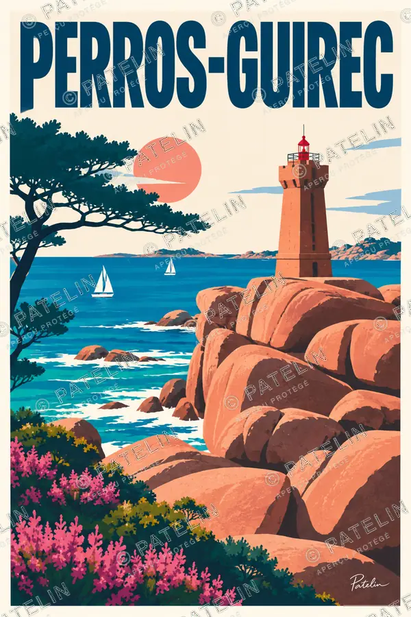 Illustration Perros-Guirec — Le phare entre les rochers, style Pop