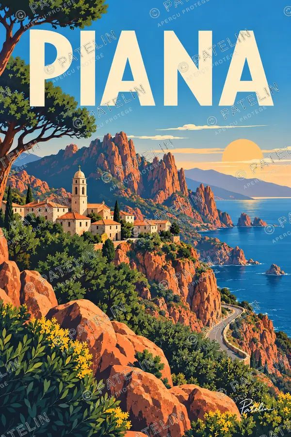 Illustration Piana — Le village et les calanques, style Pop