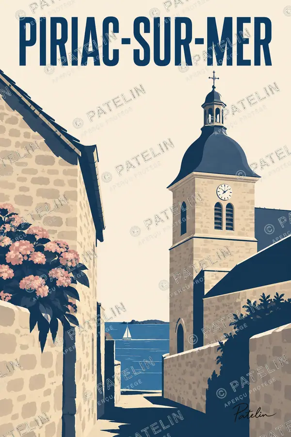 Illustration Piriac-sur-Mer — Une ruelle vers le clocher, style Minimal