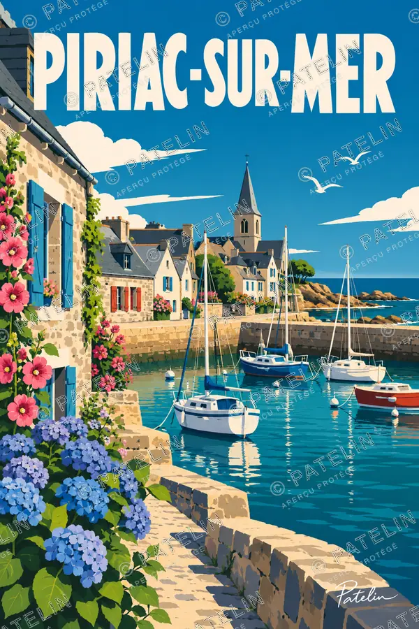 Illustration Piriac-sur-Mer — Le port aux hortensias, style Pop