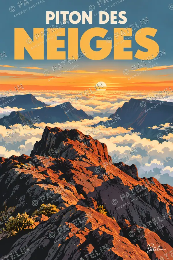 Illustration Piton des Neiges — Le sommet au-dessus des nuages, style Pop