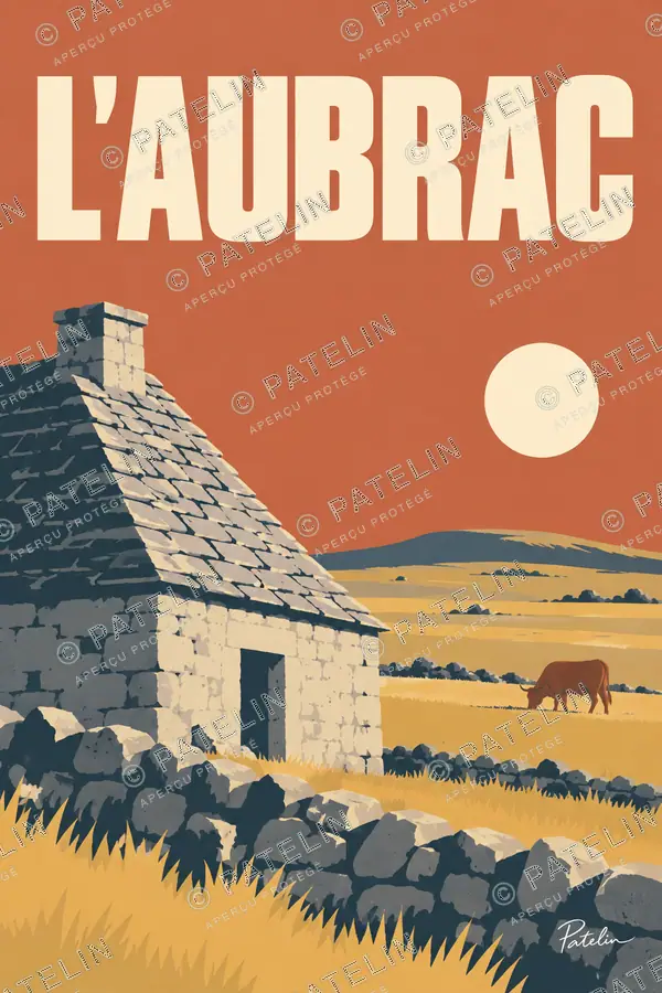 Illustration Plateau de l’Aubrac — Le buron sous le soleil, style Minimal