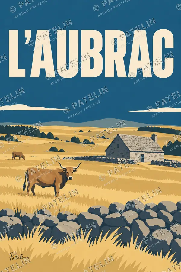 Illustration Plateau de l’Aubrac — Les vaches et les burons, style Minimal