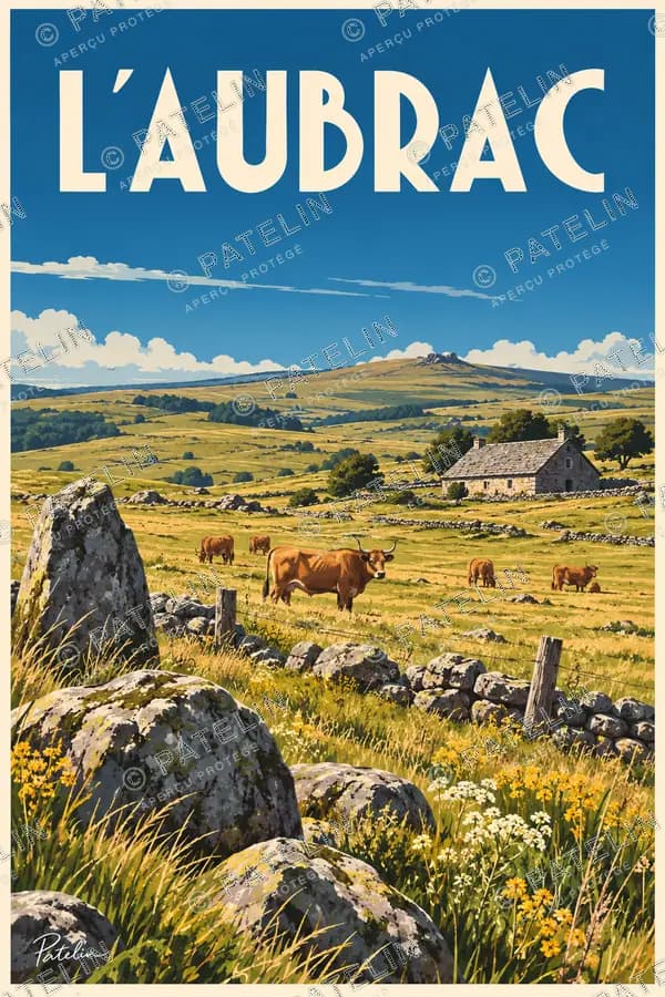 Illustration Plateau de l’Aubrac — Les pâturages et les pierres de l’Aubrac, style Pop