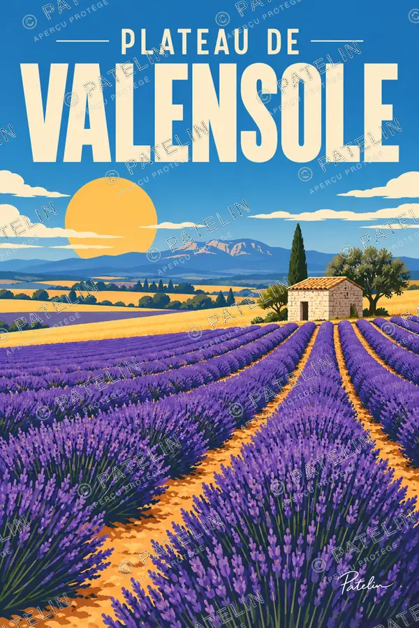Illustration Plateau de Valensole — Les lavandes et le cabanon, style Pop