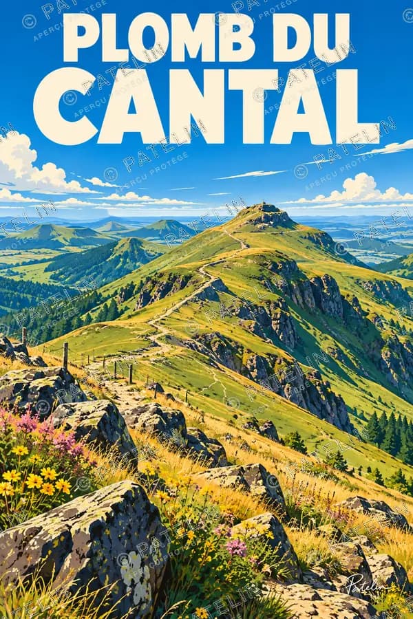 Illustration Plomb du Cantal — Le panorama volcanique, style Pop