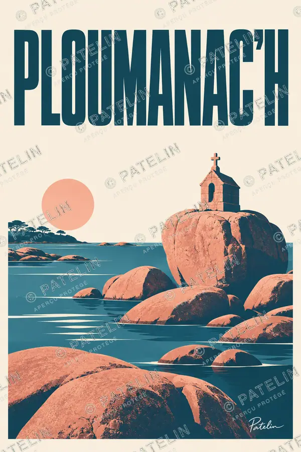 Illustration Ploumanac’h — Le phare dans la lumière rose, style Minimal
