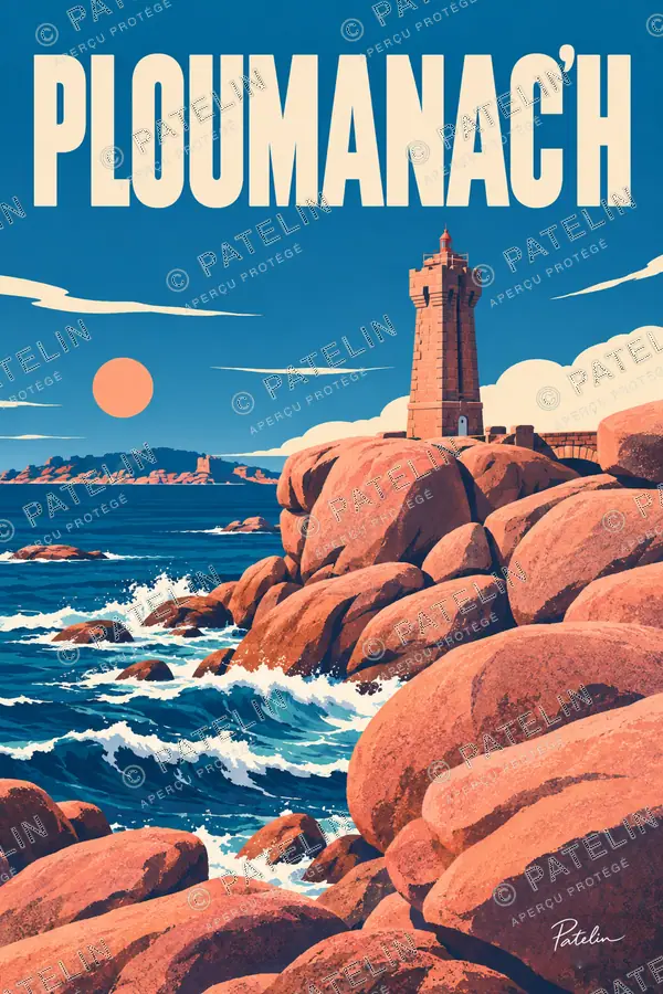 Illustration Ploumanac’h — Le phare face aux vagues, style Pop