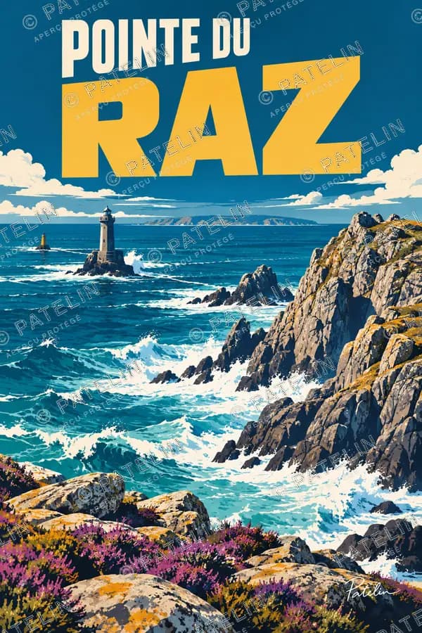 Illustration Pointe du Raz — Les rochers face au phare, style Pop