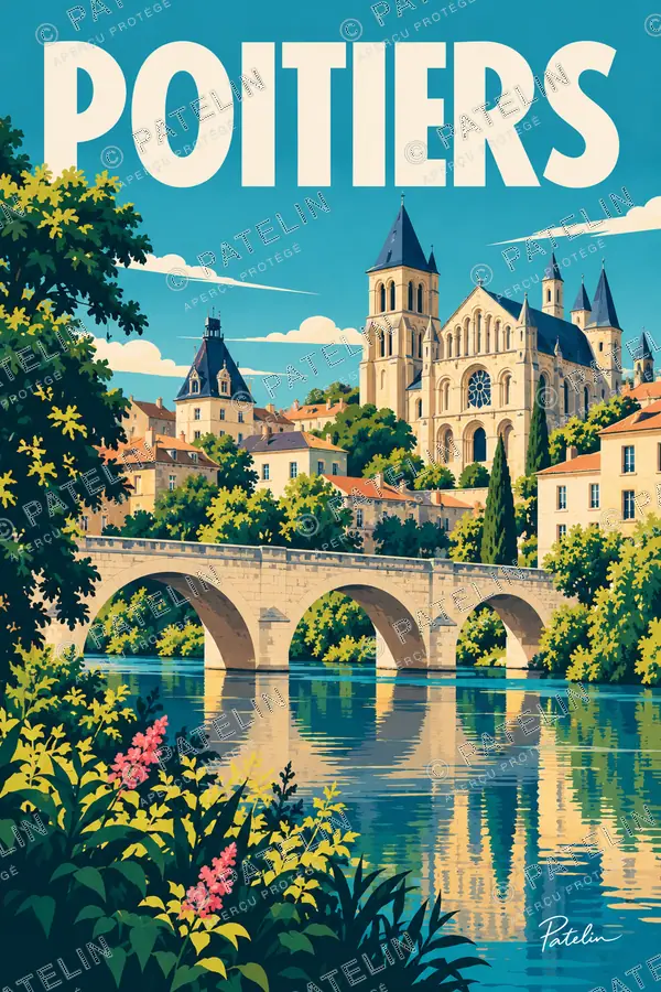 Illustration Poitiers — La ville au-dessus du pont, style Pop
