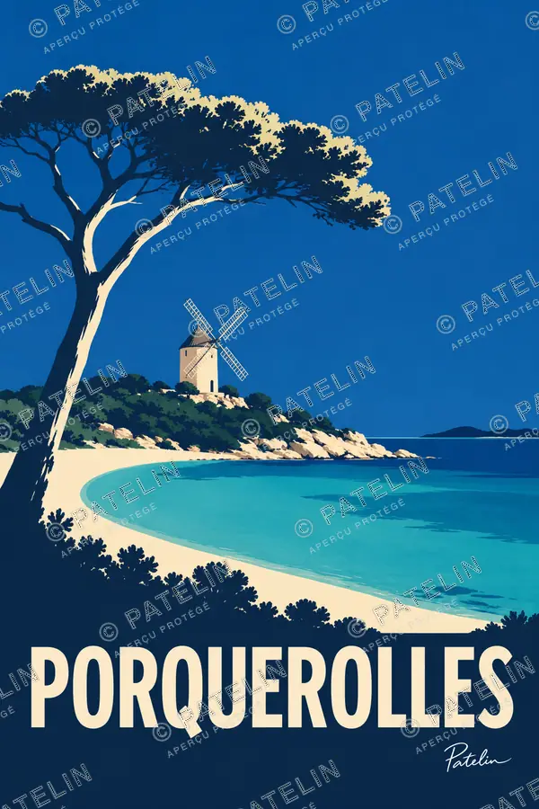 Illustration Porquerolles — Le pin, la plage et le moulin, style Minimal