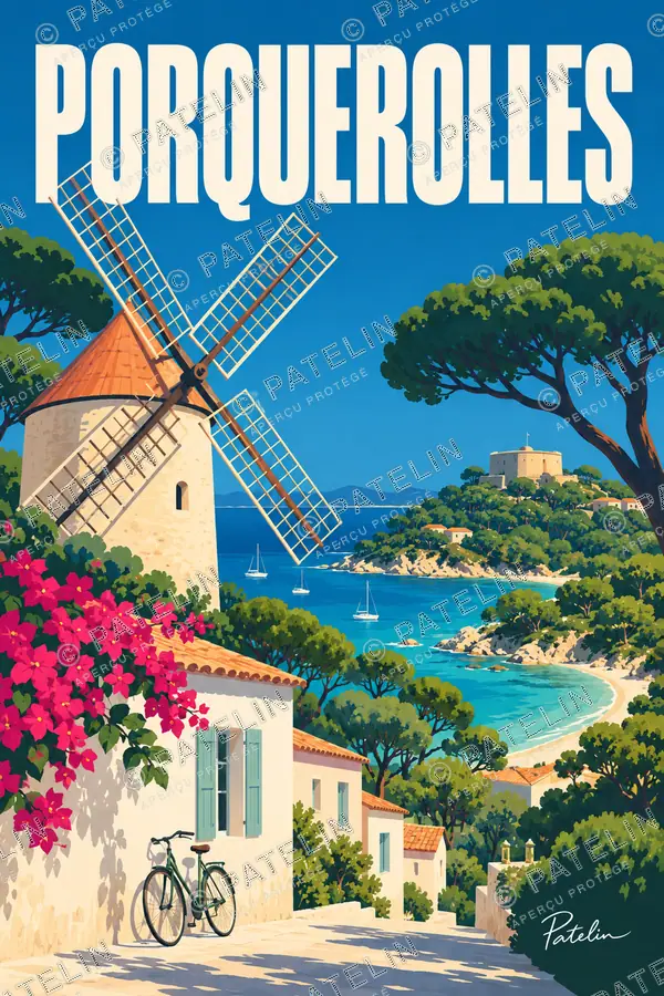 Illustration Porquerolles — Le moulin et la crique, style Pop