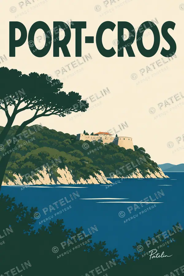 Illustration Port-Cros — Le fort au-dessus des pins, style Minimal