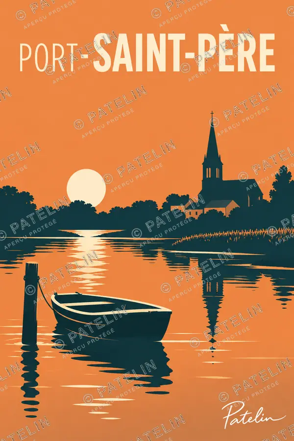Illustration Port-Saint-Père — Le clocher et la barque sur l’Acheneau, style Minimal
